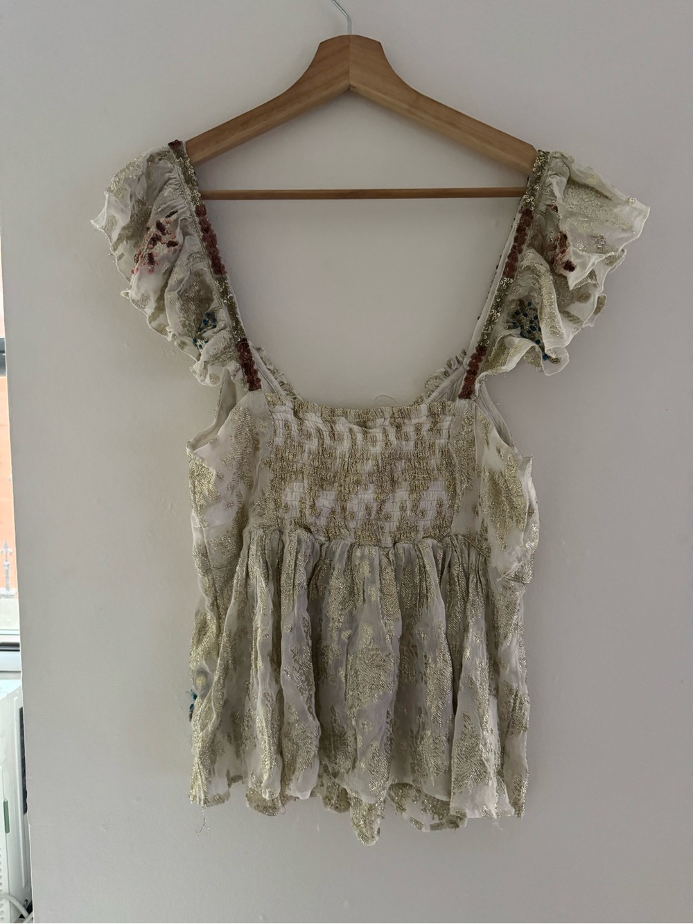 FREE PEOPLE Sz M ALL THAT SHIMMERS EMBROIDERED JACQUARD FLUTTER SLEEVE TOP - Picture 5 of 6